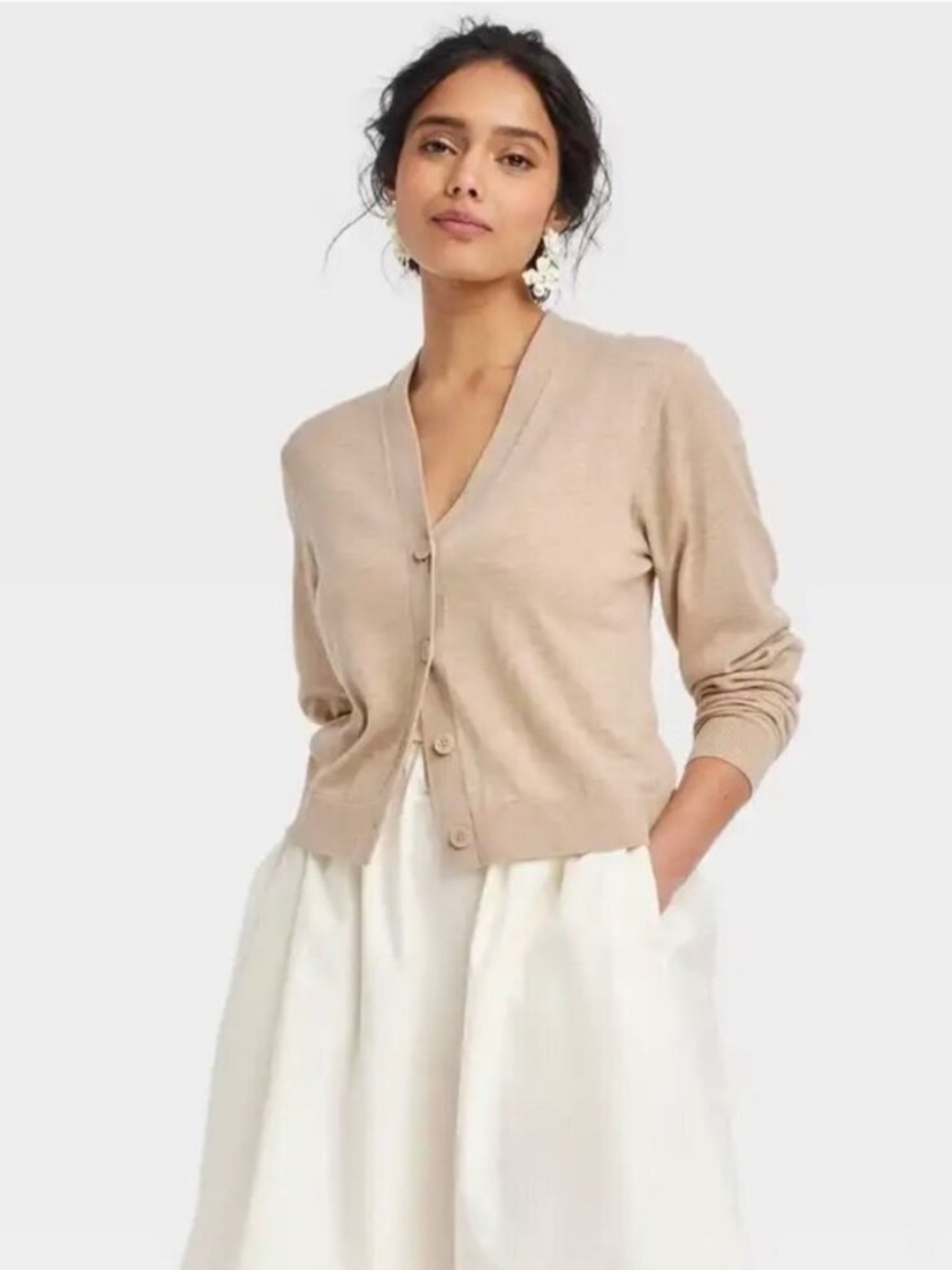 A New Day - Women’s Classic V-Neck Button Cardigan Sweater in Camel